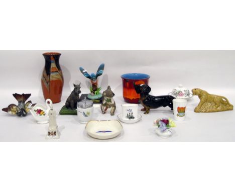Quantity of decorative china to include Poole pottery flared rim vase, red ground, orange and blues, Capodimonte tinted bisqu