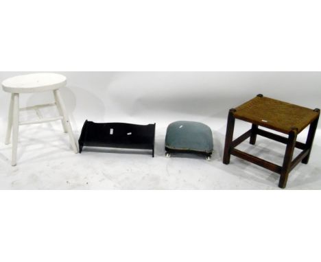 White painted stool, bookshelf, turquoise upholstered stool with claw feet and a wicker stool (4) 