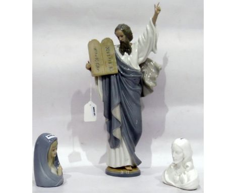 Lladro model of Moses holding tablet of stone, 40cm high approx, a bust of praying figure of similar style and a white glazed