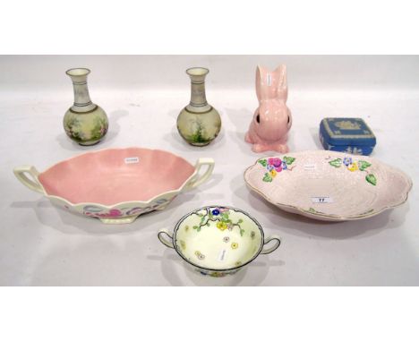 Sylvac pink bunny, a Crown Devon two-handled oval dish, another Crown Devon dish, a pair of vases, a Wedgwood blue jasperware