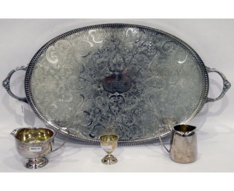 Silver plated Barvingtons of London two-handled oval tray, a silver miniature goblet inscribed 'Poole', two silver plated jug