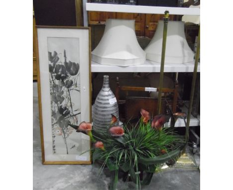 Two standard lamps, firescreen, decorative vase, wooden tribal masks, assorted walking sticks, cream shades and two pictures 