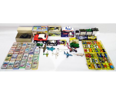 Quantity of Top Trumps playing card sets, a battery operated sand buggy, a talking police car and various Matchbox and Corgi 
