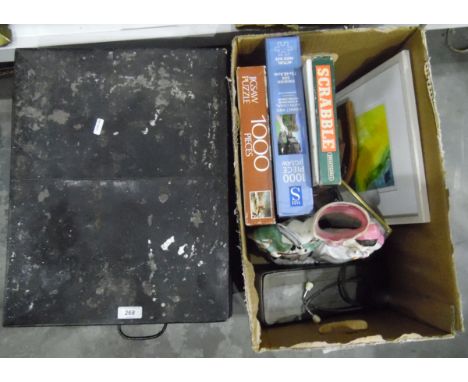 Assorted jigsaws, a Staffordshire flatback figure, prints and a tin trunk (2 boxes) 