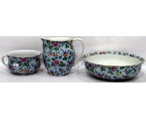 19th century wash basin, jug and bedpan decorated with exotic birds and flowers (3) 