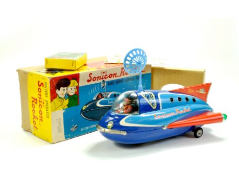 Vintage MASUDAYA Modern Toys No.3043 Japan Large 13" Sonicon Battery Operated Rocket Ship with Figures, missing whistle. Stun