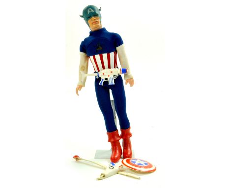 Original Issue Ideal Captain America Figure. Shield, belt and gun included, the shield has one handle missing. In need of a c