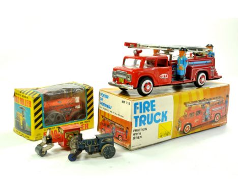 Trio of larger scale Tin Plate Road Rollers, various makers plus boxed Chinese Tin Fire Engine. Generally Good to very good. 