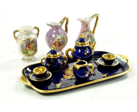 Dolls House Furniture. Vintage France Limoges Porcelain Teaset Cobalt Blue and Gold Limoges 10pc Miniature Tea Set. The condi