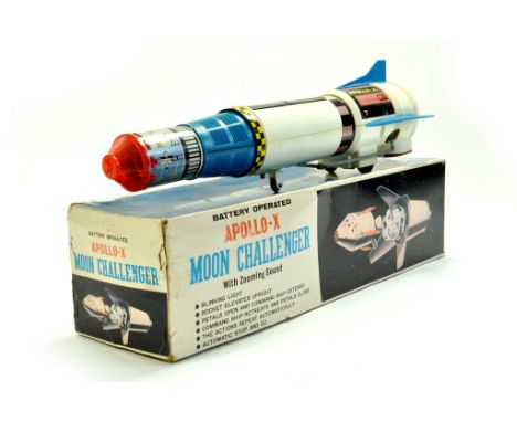 Vintage TN Toys Japan Apollo-X Moon Challenger Rocket, battery operated (untested) with zooming sound. Generally appears good