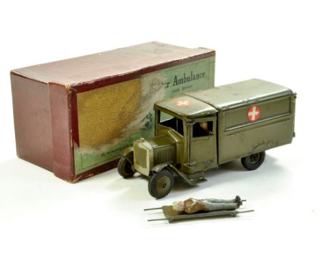 Britains Set No. 1512 Army Ambulance, with driver figure, stretcher plus casualty figure. Generally good, some metal and pain