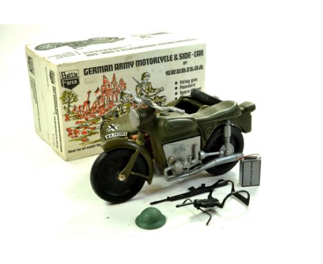 Cherilea Large Scale Plastic German Army Motorcycle and Side-Car. Model is with accessories and appears predominantly complet