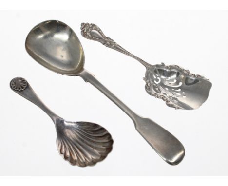 Victorian fiddle caddy spoon, maker John Walton, Newcastle 1856, 5.5" long; together with a smaller silver scallop shell shap