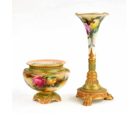 Royal Worcester trumpet pedestal vase, painted with roses and supported upon a circular base with three lion paw feet, 9.25" 