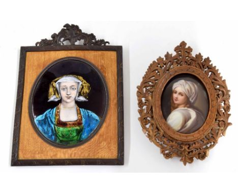 19th century metal plaque with a portrait of a lady in 16th century French dress, 4.5" x 3.5"; together with 19th century por