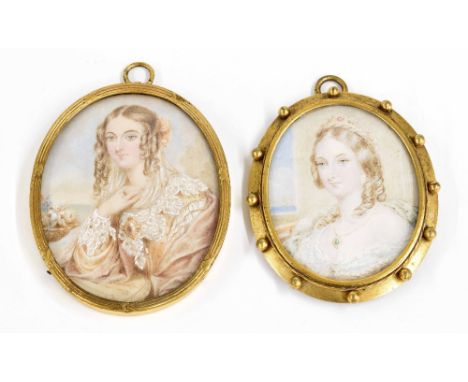 Sir John Hayter R.A. (1800 - 1895) - Portrait miniature of "The Hon. Miss Calder", watercolour on ivory, 2.5" x 2" (2)  - **F