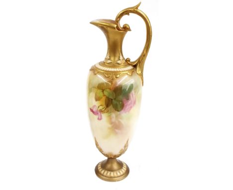 Royal Worcester pedestal ewer of slender baluster form painted with roses, 12" high