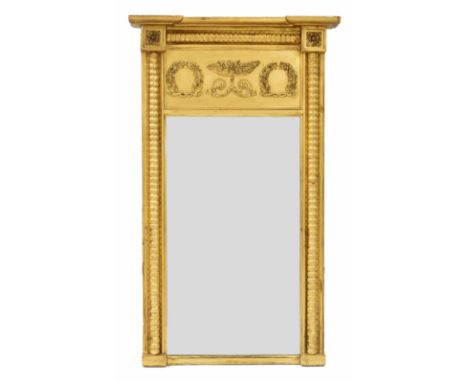 Regency giltwood and gesso pier glass wall mirror, the inset rectangular plate surmounted by wreath mouldings within a bobbin