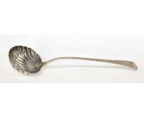 Georgian silver scallop shape serving ladle, London hallmarks, other marks heavily worn, 14" long, 5.4oz t