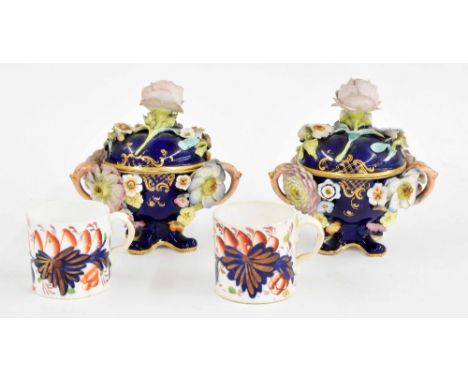 Pair of small Staffordshire globe containers and lids, encrusted with flowers upon a gilded cobalt blue ground, 5" high; also