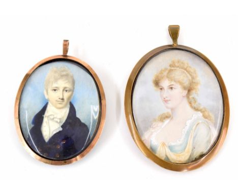 Two Georgian period miniatures, one of gentleman, watercolour on ivory, set with beads, monogram and hair design verso, 3" x 