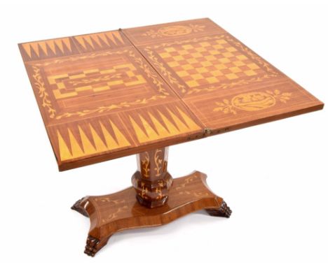 Sorrento style inlaid fold-over games table, the rectangular top depicting an oval landscape view within foliate borders open