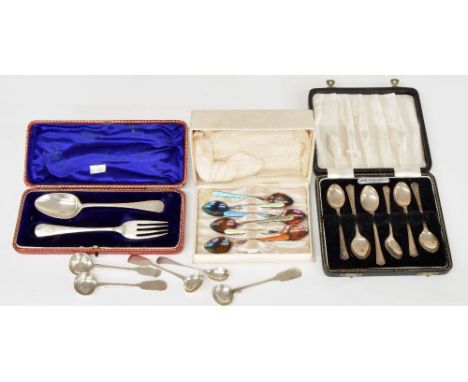 Assorted cased silver and plated flatware, including a cased set of six silver Art Deco coffee spoons by Angora Silver Plate 