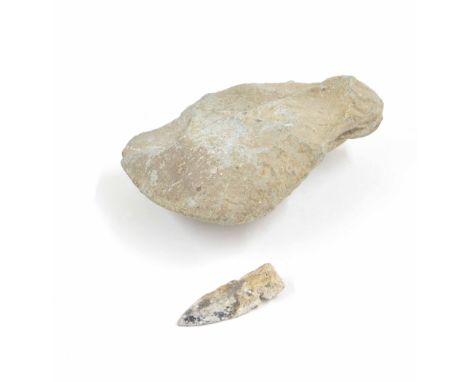Antique aboriginal stone axe head, 5" wide max; also an aboriginal stone arrowhead, 2" long max (2)