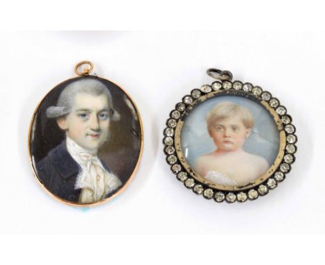Miniature - pendant portrait miniature of a gentleman set in a yellow metal frame; together with a paste set pendant and lock