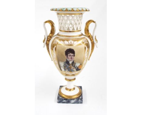 Early 19th century English porcelain vase decorated with a portrait of George IV, with pierced trellis neck, swan neck handle