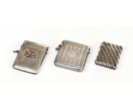 Three Victorian and later silver vesta cases, one heavily textured diagonal moulded, London 1887, one bearing an enamel appli