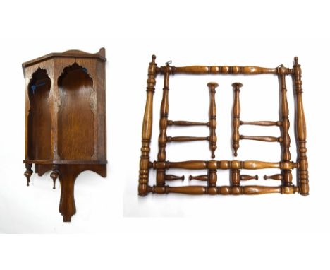 Victorian turned wooden hanging wall coat rack, 19" wide; together with an oak Gothic revival small open wall shelf with cant