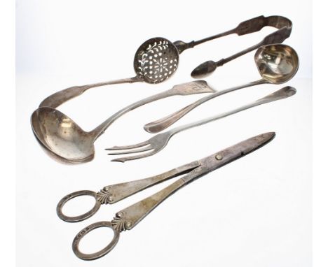 Assorted silver flatware, including sugar tongs, grape shears, sifting spoon, gravy spoon, toddy ladle and pickle fork, Victo