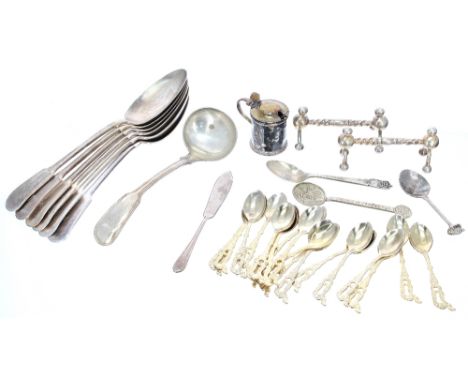 Small collection of silver plated flatware, to include fiddle serving spoons, ladle, small mustard with blue glass liner and 