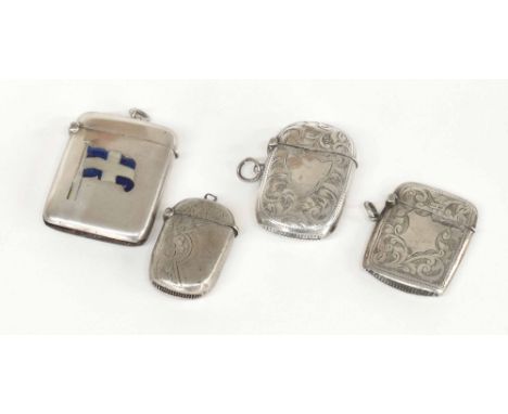 Four Victorian and later silver vesta cases, three with foliate engraved decoration, one plain with applied enamel St Andrews