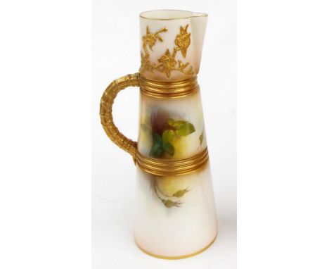 Royal Worcester jug painted with roses and moulded in relief with foliage, of tapered banded form, no. 1047, 9" high