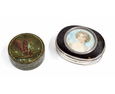 19th century white metal and tortoiseshell box inset with a painted miniature portrait of a lady, 2.75" wide; together with a