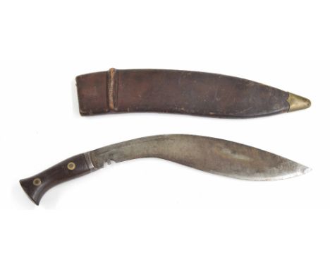 WWII Military issue Kukri with steel blade and wooden handle, the leather scabbard impressed G.W.L Co, 1942, 19" long overall