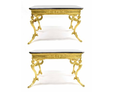 Good pair of French style gilt metal console tables, each with a rectangular canted marble top over the frieze with foliate a