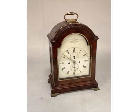 Early C19th mahogany cased done topped bracket clock, white enamelled face, signed Frodsham of London. Movement engraved by T