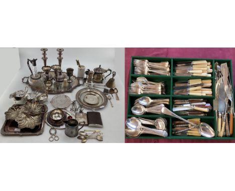 Large collection of silver plated ware to include flatware candlesticks, sauceboats, white metal mounted claret jug with Gree