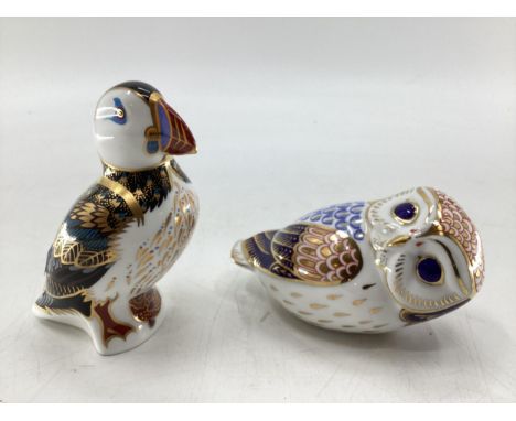 Two Royal Crown Derby ceramic birds (a puffin and an owl) 