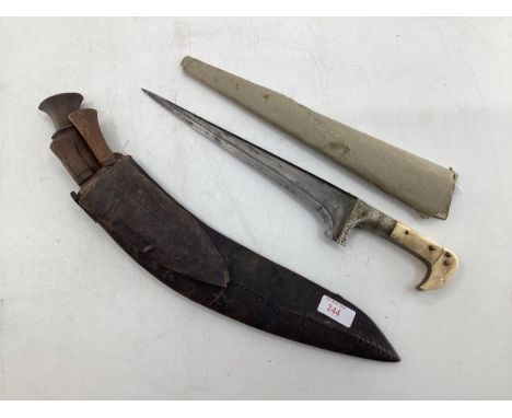 Early C20th Kukri knife in leather scabbard with two small additional knives together with a middle eastern Afghan bone handl