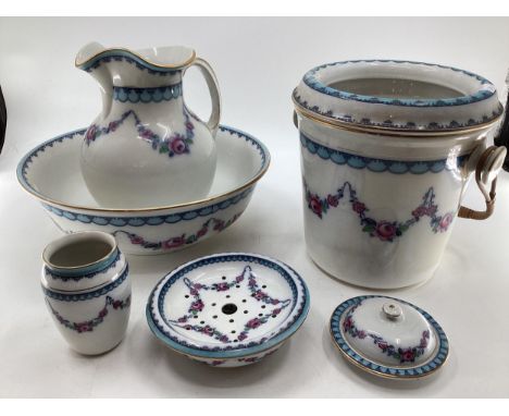 Late C19th / early C20th ceramic washing set by Losol Burslem to include jug, large bowl, slop bucket with wicker handle, soa