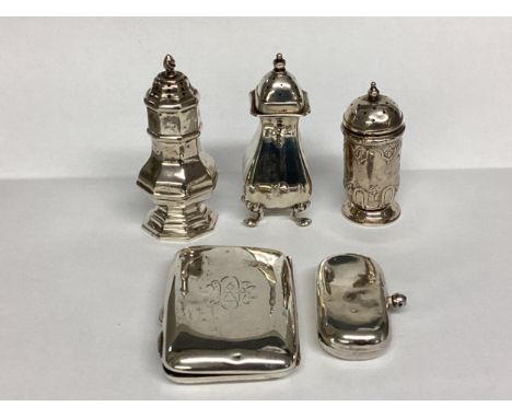 Three Sterling silver pepperettes, together with a silver sovereign case and silver cigarette case, various dates and makers,