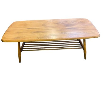 Small Ercol "Windsor" coffee table, with under shelf, and Ercol sticker underside 104cm W x 47cm D x 36cm H 