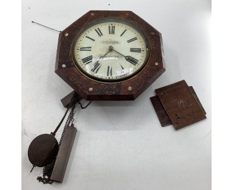 Late C19th/ early C20th hexagonal wall clock with pokerwork design and mother of pearl inset roundels, white face marked 'P K