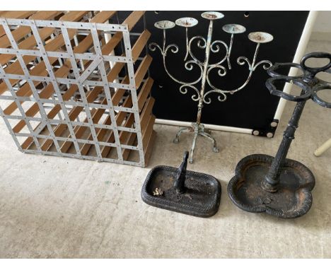 General items to include wine rack, metal stick stand and boot scrape, candle stand etc, all as found 