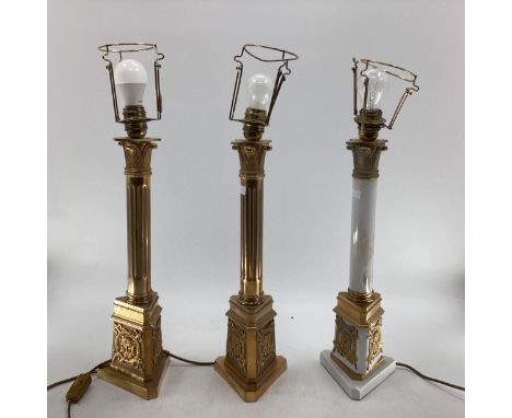 Pair of gilt metal C19th century style column lamps with rectangular bases together with 1 similar 54cm H (3 lamps in total),
