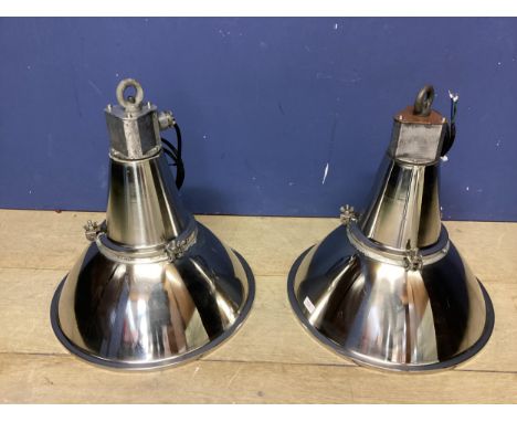 Lighting: a pair of good, decorative, large industrial style hanging lamps, approx. 48cm diameter, 46 length overall. Approx.